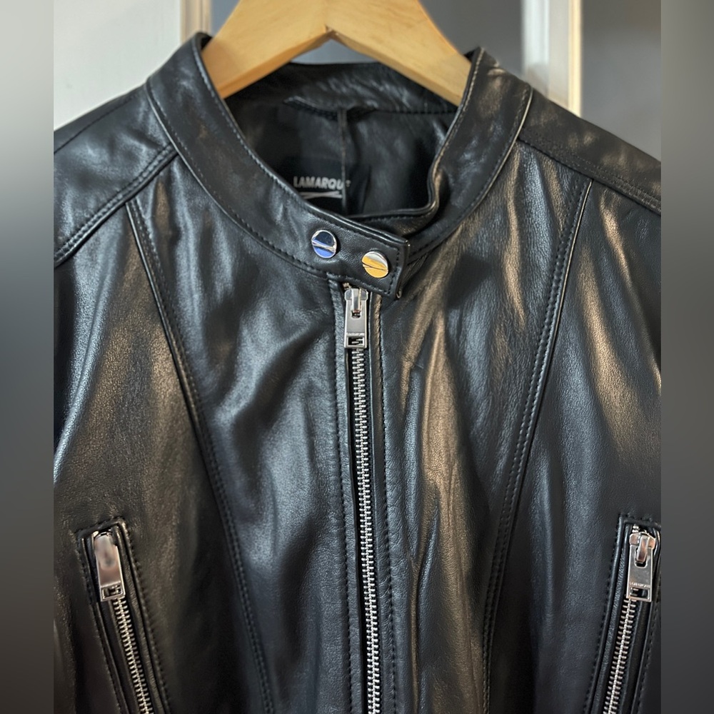 Lamarque Black Meryl Snap Stand
Collar Leather Moto Jacket Size XL,NWT - Picture 8 of 10